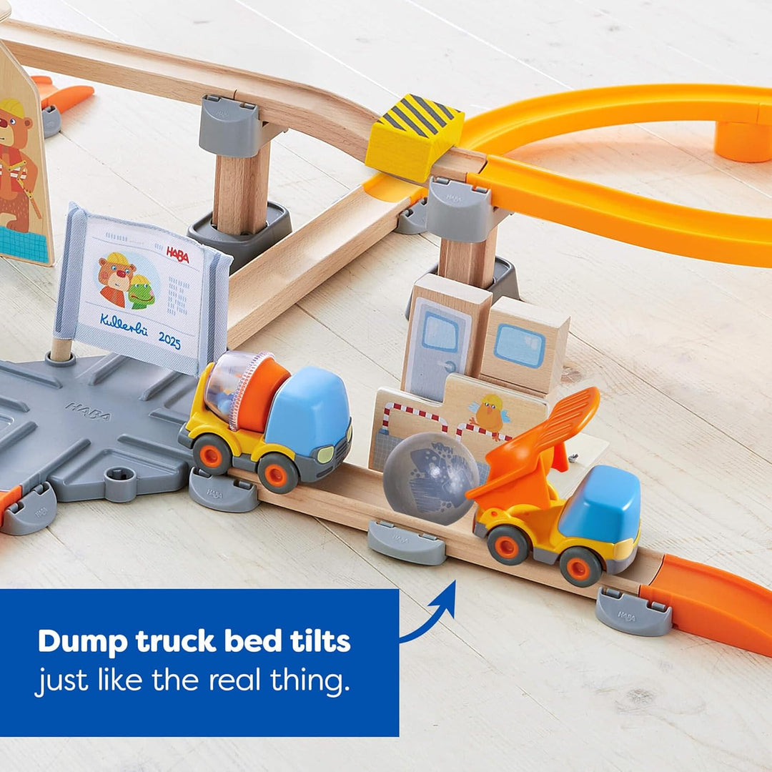 HABA Kullerbü Spielbahn Grosse Baustelle - Bunte Holz-Kugelbahn mit Fahrzeugen - Erweiterbares Klick