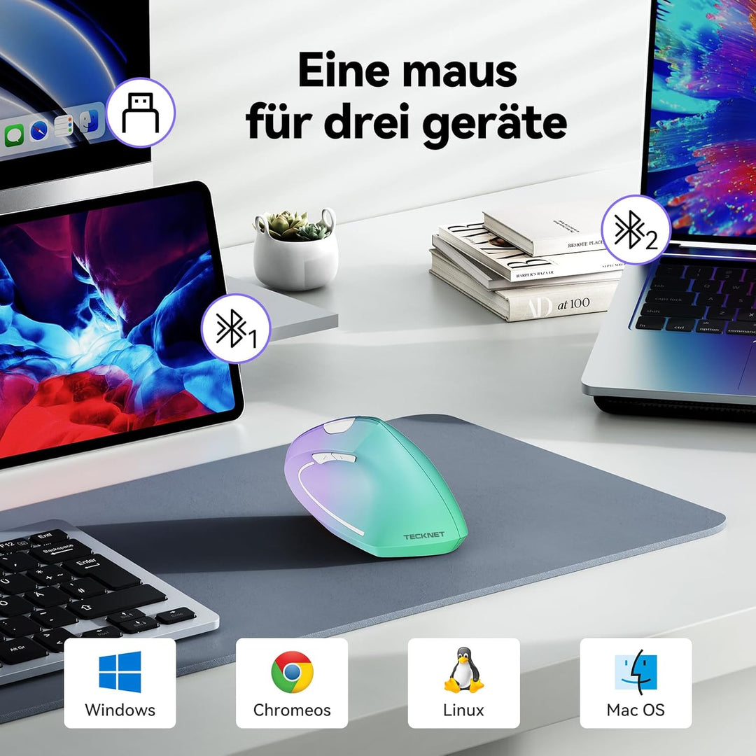 TECKNET Ergonomische Maus, Kabellose Bluetooth Vertikale Maus(BT 5.0+BT 3.0+2.4G), 6 Einstellstufen