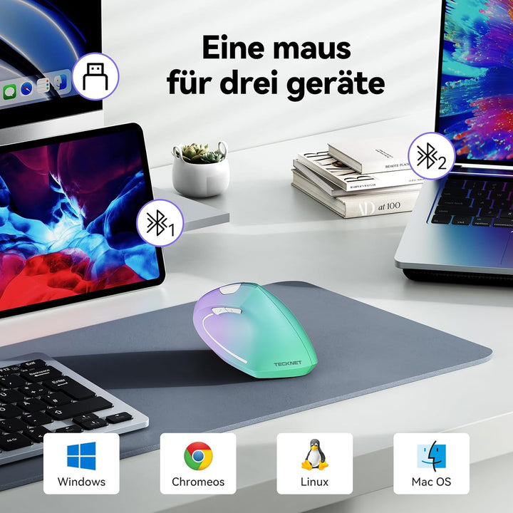 TECKNET Ergonomische Maus, Kabellose Bluetooth Vertikale Maus(BT 5.0+BT 3.0+2.4G), 6 Einstellstufen