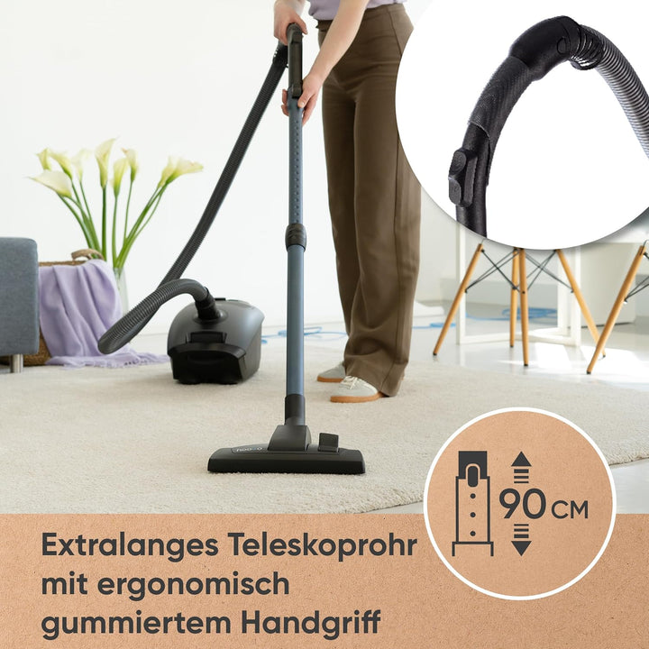 hoogo B3+ anthrazit Staubsauger mit Beutel | Starke 850 W Saugleistung | HEPA 14 Filter | 11m Radius