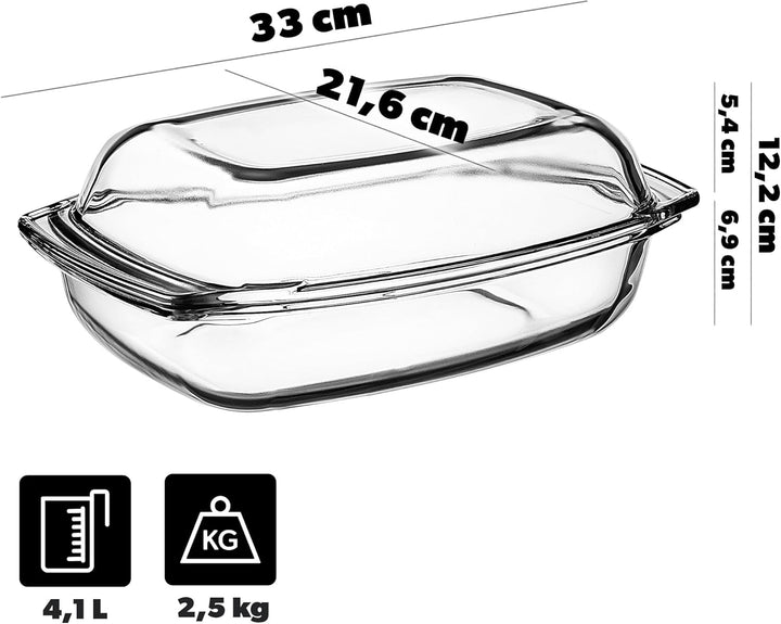 KADAX Auflaufform mit Deckel 4,1L – rechteckige Glasbratform, feuerfest & spülmaschinenfest – ideal