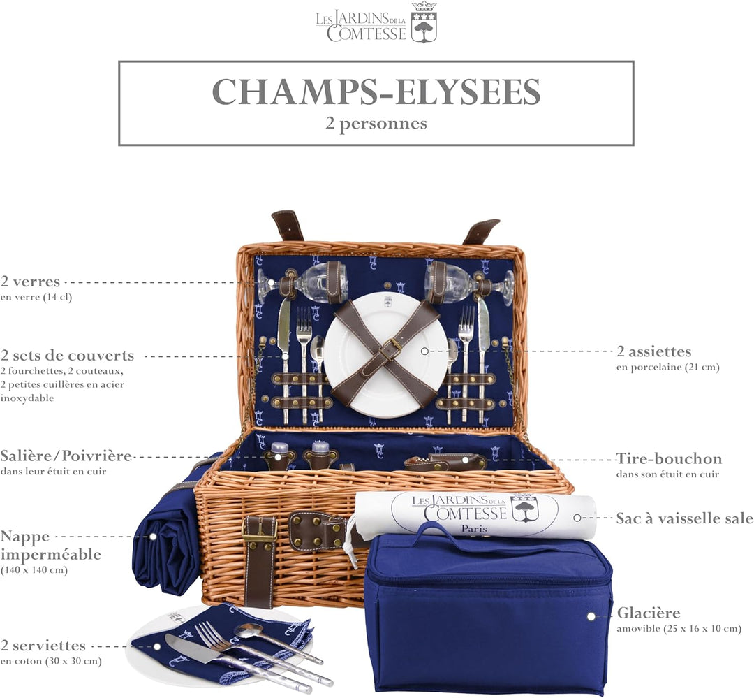 Les Jardins de la Comtesse - Picknick Wicker und Leder Champs-Elysees Blau - Picknickkorb Full / 2 P