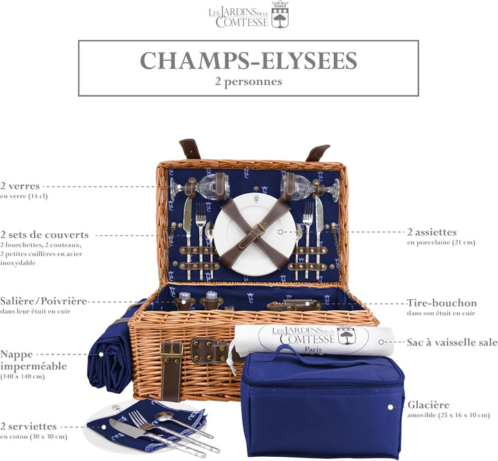 Les Jardins de la Comtesse - Picknick Wicker und Leder Champs-Elysees Blau - Picknickkorb Full / 2 P