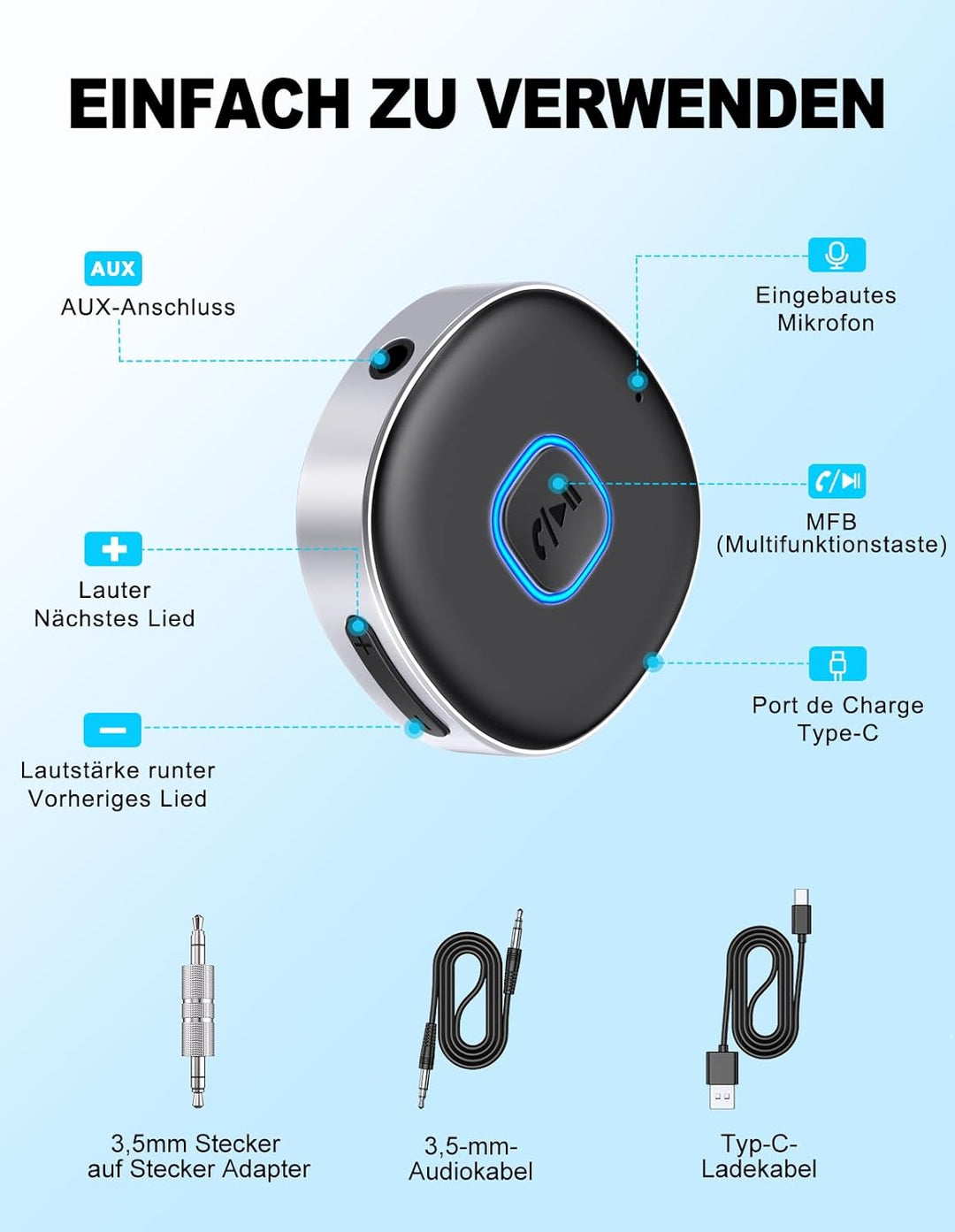 Mohard AUX Bluetooth Adapter Auto, Drahtloser KFZ Bluetooth 5.3 Empfänger für Heim-Stereo/Kabelgebun