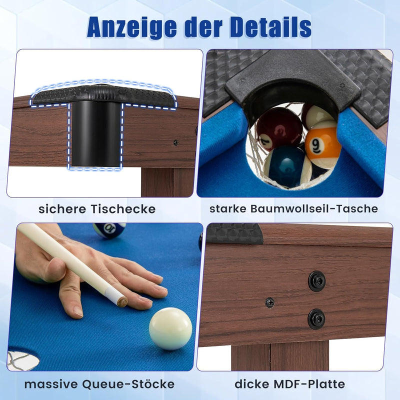 COSTWAY Billardtisch, Billlard Tisch aus Holz mit Zubehör, Pooltisch mit 2 Queues, 2 Kreiden & Dreie