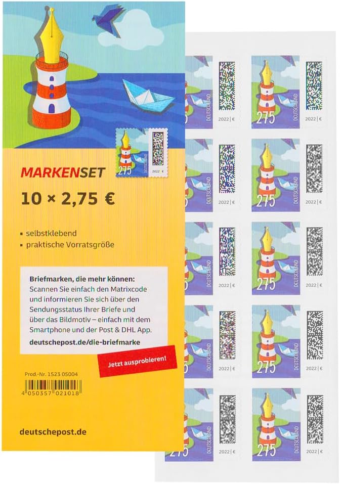 10 Stück 2,75 EUR postfrische Selbstklebende Briefmarken | Frankaturware Markenset (Motiv: Leuchtfed