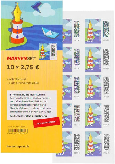 10 Stück 2,75 EUR postfrische Selbstklebende Briefmarken | Frankaturware Markenset (Motiv: Leuchtfed