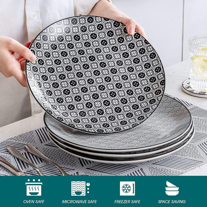 vancasso, Haruka 8 teilig Porzellan Speiseteller Set, Ø 26,5 cm Flachteller für Tafelservice, Schwar