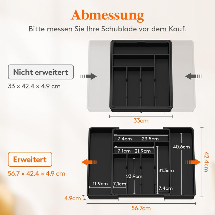 Lifewit Besteckkasten für Schubladen 40 50, verstellbarer Kunststoff Organizer Küche Tiefe 42,4 cm,