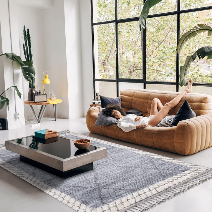 payé Teppich Wohnzimmer - Abstrak Raute - 80x150cm - Creme Grau Blau - Fransen Deko Boho Flauschig -