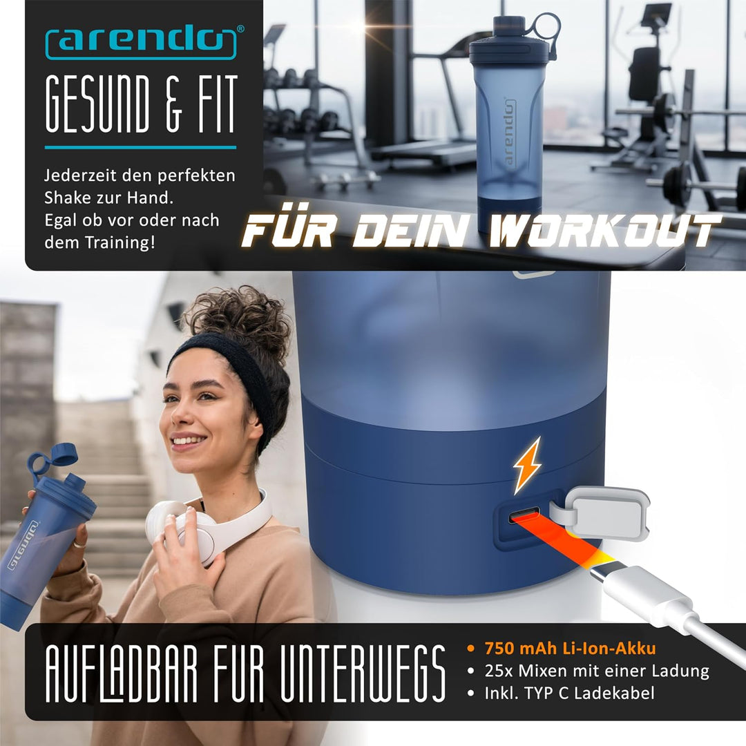 Arendo - Eiweiss Shaker elektrisch 700ml – Protein Shaker mit Akku - BPA frei – Drink Mixer to Go –