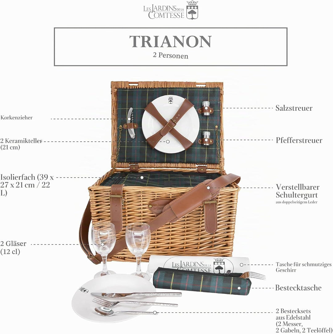 Les Jardins de la Comtesse - Picknickkoffer Trianon Grün - Lederriemen - Komplett Für 2 Personen - K