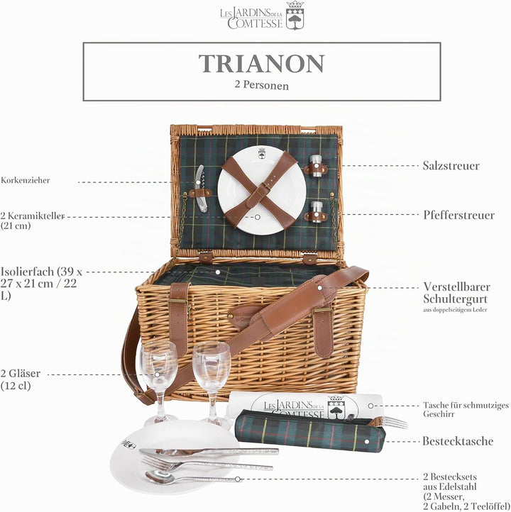 Les Jardins de la Comtesse - Picknickkoffer Trianon Grün - Lederriemen - Komplett Für 2 Personen - K