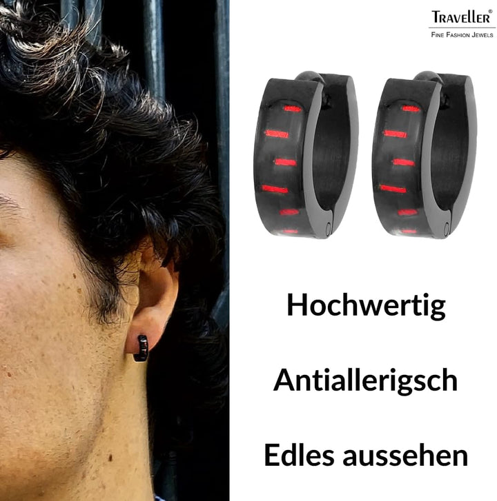 Traveller Creolen - Herren - Edelstahl - schwarz - Karbon Rot, Rot