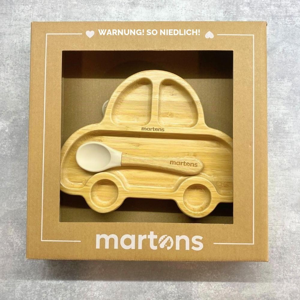 Martons Hochwertiges Bambus Teller mit Saugnapf, Rutschfestem mit passendem Baby Löffel, Geschirr Se