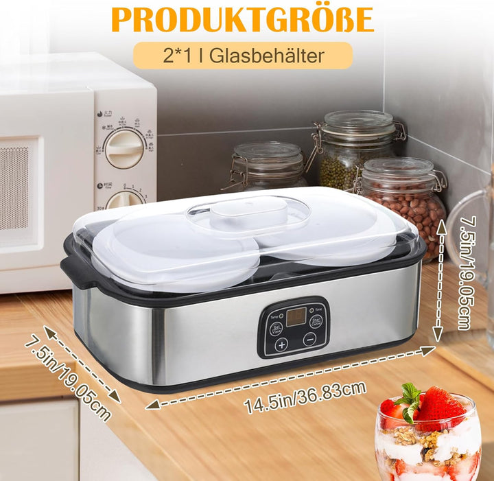 2L Joghurtbereiter,Joghurtmaschine mit 2 Gläsern,Joghurt Maker mit Temperatursteuerung und Time, mul