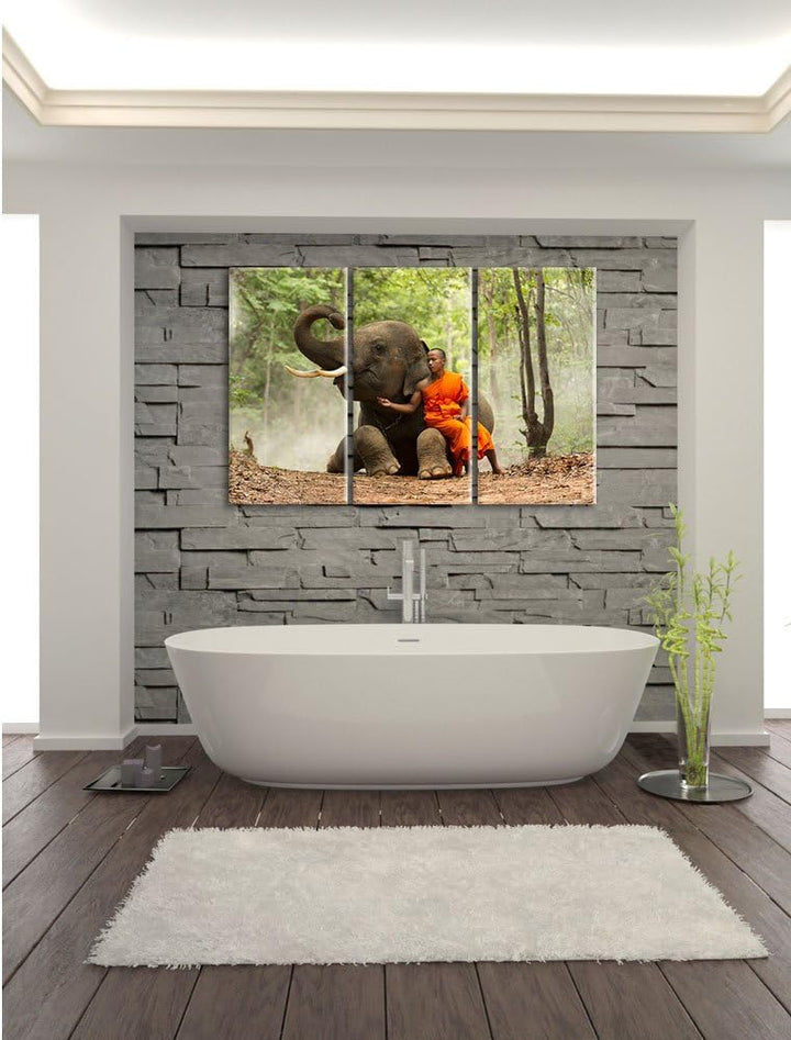 Pixxprint Mönch Elefanten Wald als Leinwandbild - Grösse: 3-Teilig (120x80cm) - Wandbild - Kunstdruc