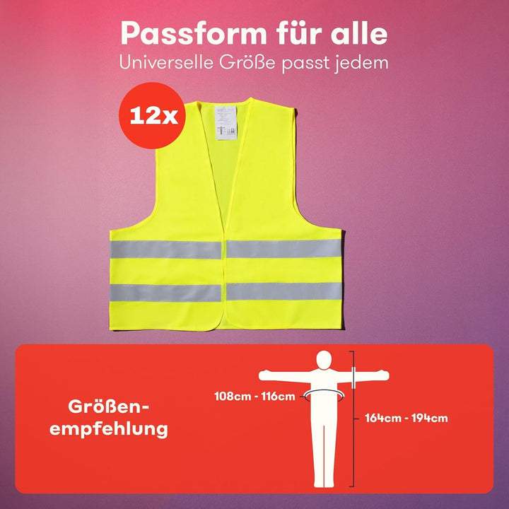 PURAHELP Warnwesten Auto 12er Set Europaweit gültig nach EN ISO 20471 - Reflektierende Warnweste Aut