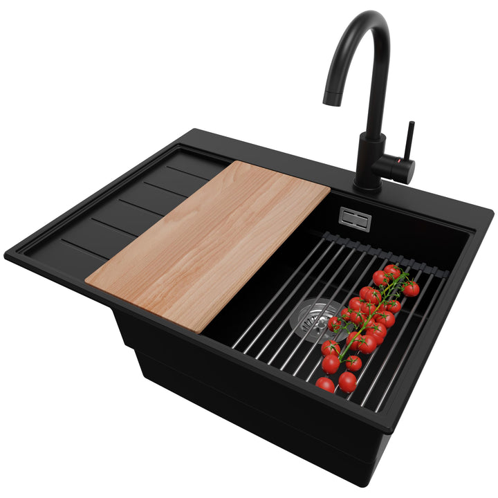 PRIMAGRAN Granitspüle Schwarz 62x50cm, Spülbecken 1 Becken + Küchenarmatur 32x20cm + Ablauf-Set, Küc