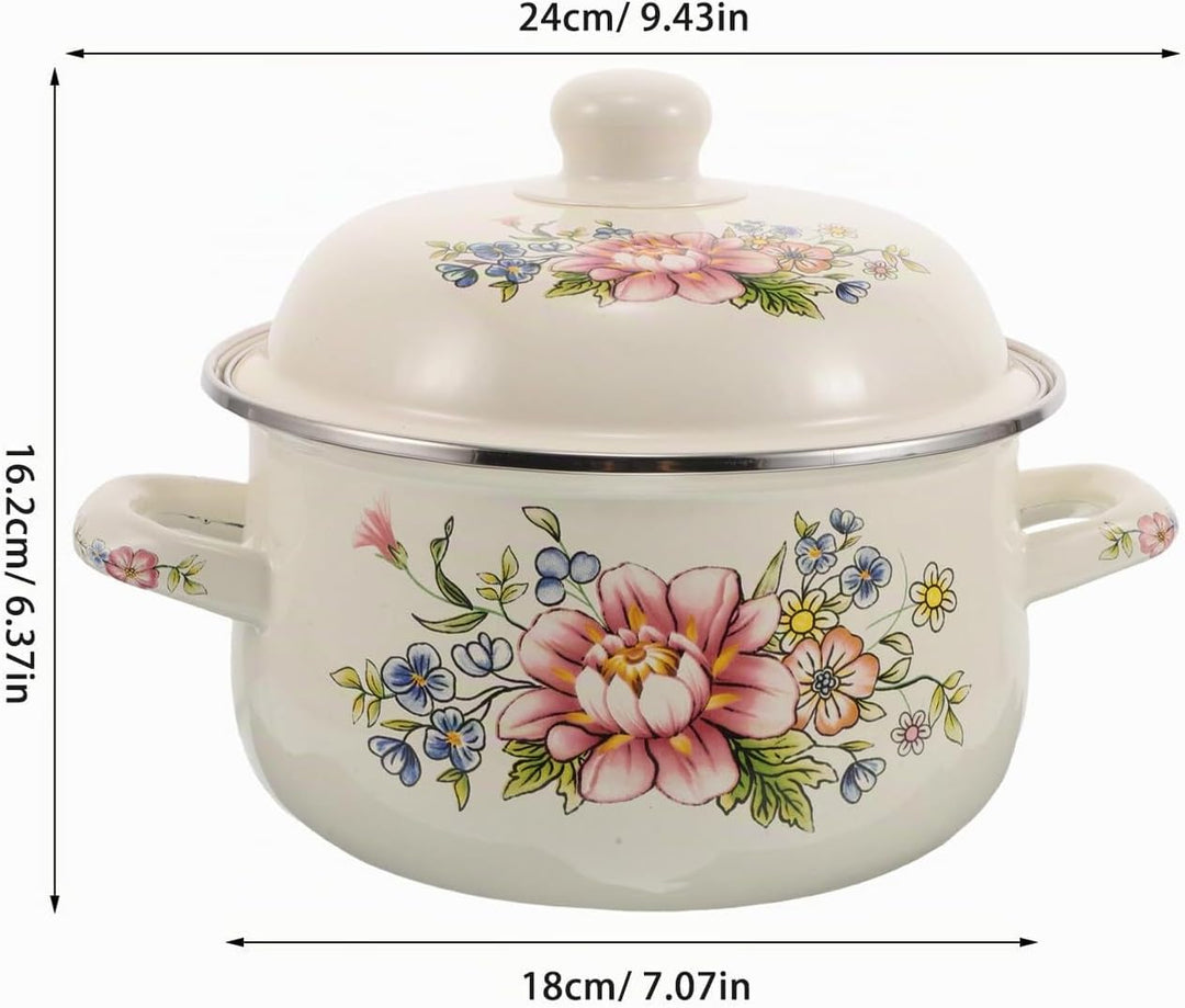 ULTECHNOVO Emaille Suppentopf 2 Liter mit Deckel 18cm Vintage Blumentopf aus Emaille Kleiner Kochtop
