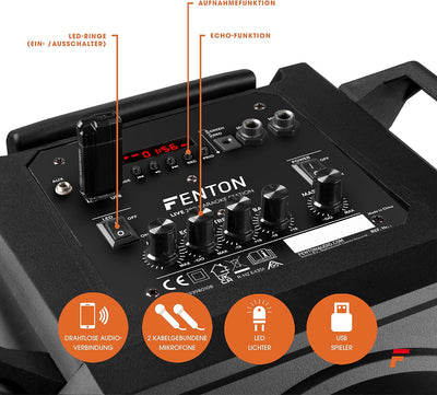 Fenton LIVE280 - Karaoke Anlage - LED Partybox Bluetooth, Musikbox Gross, Akku Integriert, 900 Watt