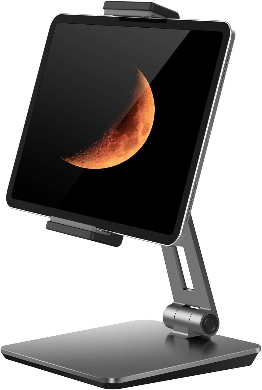 QinCoon Tablet Ständer, Verstellbar Heavy Duty Aluminium Halterung, 360° Drehen Faltbar Metall Table