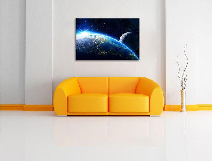 Pixxprint Erde und Ihr Mond aus dem All als Leinwandbild/Grösse: 100x70 cm/Wandbild/Kunstdruck/ferti