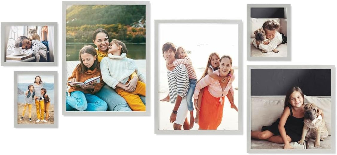 PHOTOLINI silberne Bilderrahmen Set verschiedene Grössen, 6 Bilderrahmen Silber Holz MDF, Bilder Rah
