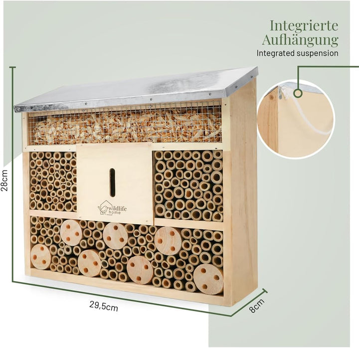 WILDLIFE HOME Bienenhotel Insektenhotel mit Metalldach I Unbehandelt, Bienenhaus aus Massiv-Holz für