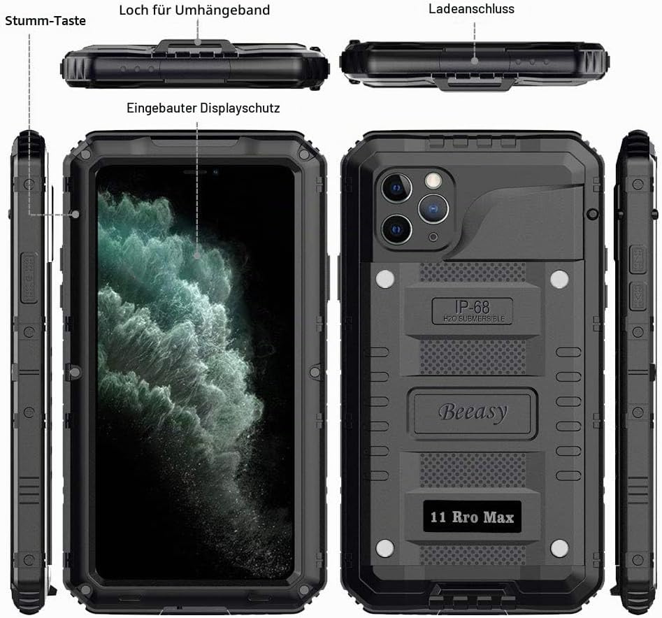 Beeasy für iPhone 11 Pro Max Hülle (6,5") Wasserdicht Outdoor, Stossfest Panzerhülle Militär 360 Gra
