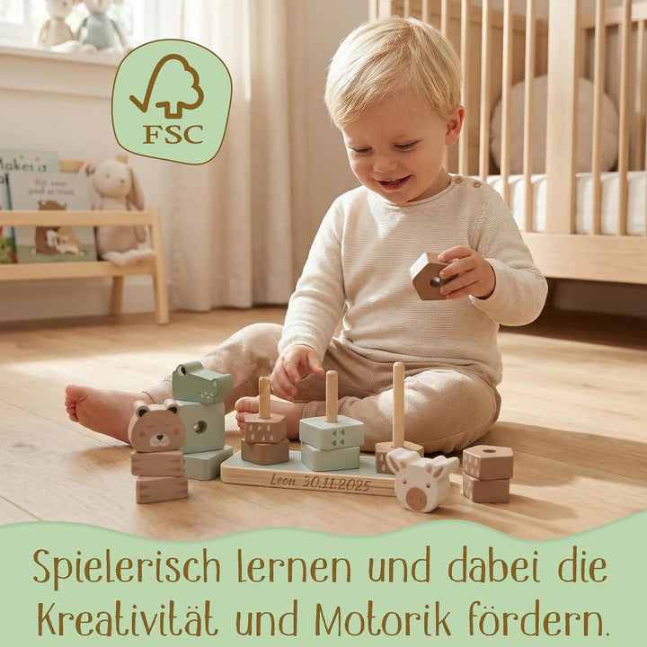 Stapelturm personalisiert mit Name – Jollein FSC Holz Baby Stapelspielzeug mit 3 Tierköpfen – Gesche