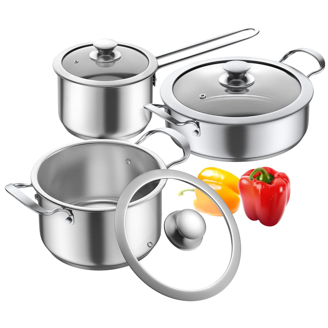 AuFranc® Edelstahl Kochtopfset, 6-Teilig Topfset mit Glasdeckeln und Kühlbleibender Griff, Kochtopf