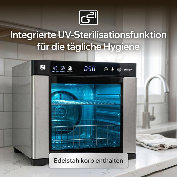 Dörrautomat/Obsttrockner G21 Breezer mit UV-Funktion, Edelstahl, 650 W, Zeitschaltuhr, 6 Trockenplat