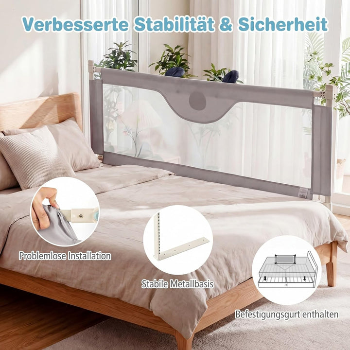 COSTWAY 175cm Bettgitter, 24 Stufen höhenverstellbares Babygitter mit doppeltem Verschluss & Reissve