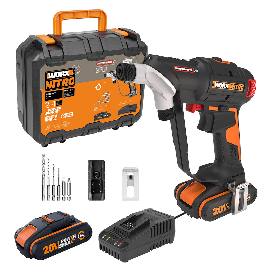 WORX WX177 NITRO Akku-Bohrschrauber Switchdriver 2.0 20V – starker bürstenloser Motor bis 50Nm Drehm
