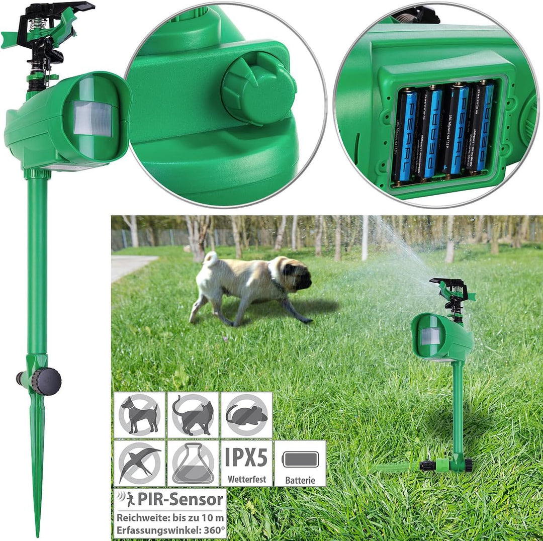 Royal Gardineer Tiervertreiber: Wasserstrahl-Tierschreck mit PIR-Sensor, batteriebetrieben, 120 m² (