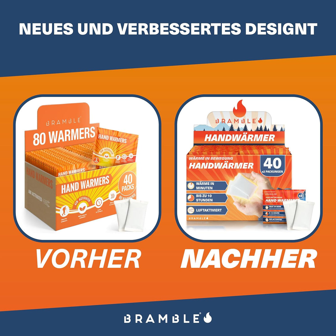 BRAMBLE 80 Stück Luftaktivierte Handwärmer (40 Paar) - 100% Natürlich - Taschenwärmer für Outdoor, W