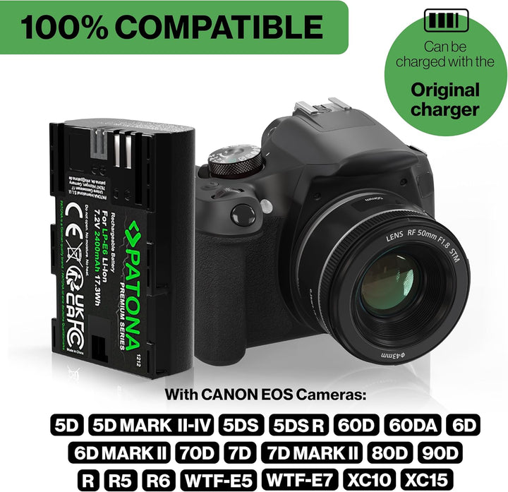 PATONA Premium Akku LP-E6 2000mAh Kompatibel mit Canon EOS R 7D 6D 5D Mark II III 80D