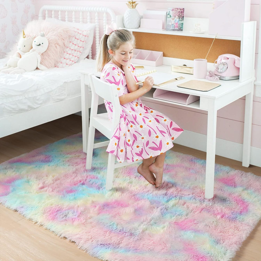 Flauschige Regenbogen-Teppiche für Mädchenzimmer, Einhorn-Zimmerdekoration, Pastell-Teppich für Kind