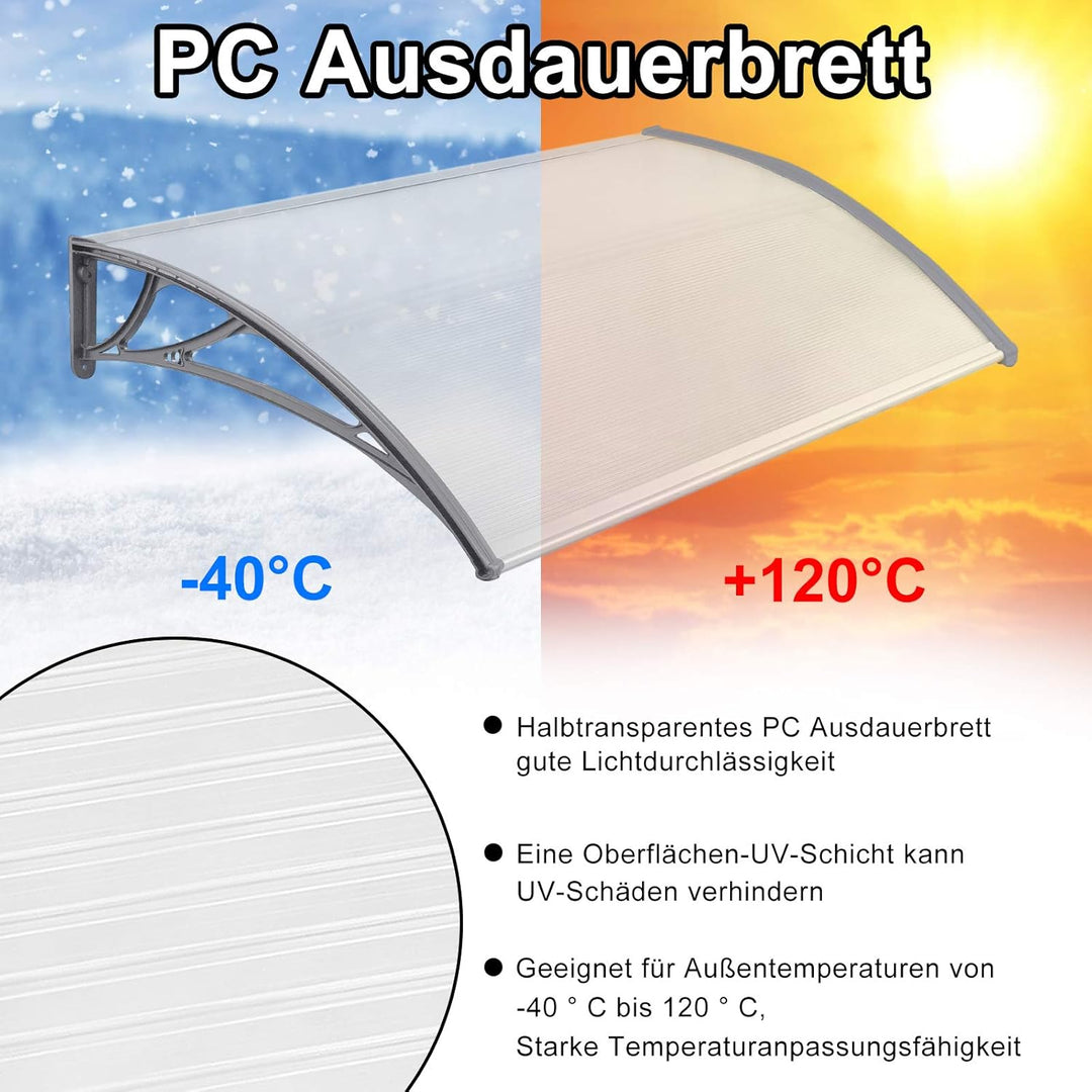 NAIZY 150 x 100cm Vordach für Haustür Pultbogenvordach Überdachung Haustür aus Polycarbonat und Alum