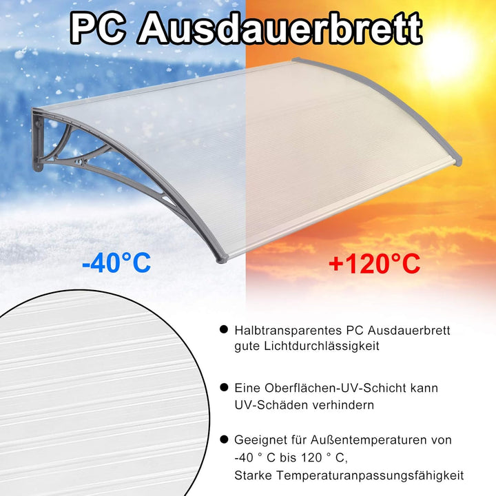 NAIZY 120 x 100cm Vordach für Haustür Pultbogenvordach Überdachung Haustür aus Polycarbonat und Alum