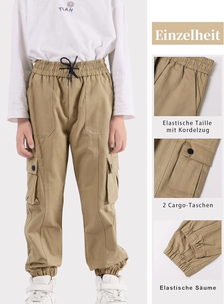 Kinder Cargo Hose mit elastischem Bund Funktionshose Jungen Jogginghose Outdoor 140 Khaki, 140 Khaki