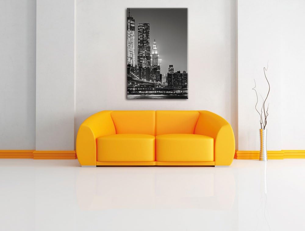 Pixxprint New York City Skyline bei Nacht / 100x70cm Leinwandbild bespannt auf Holzrahmen/Wandbild K