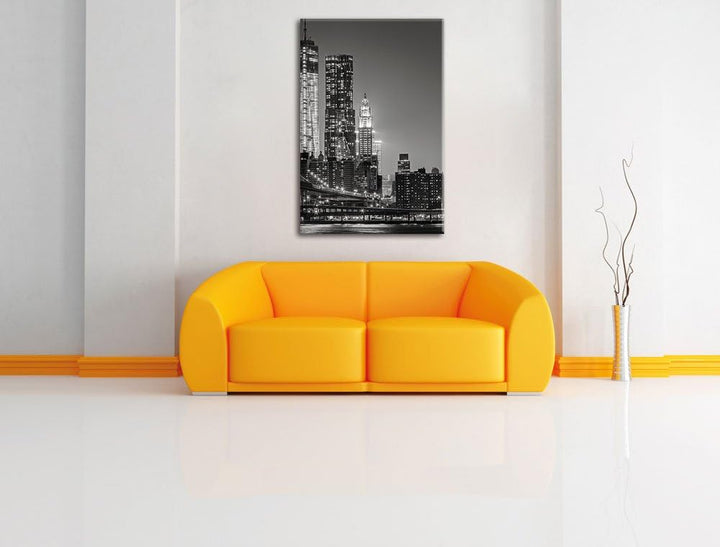 Pixxprint New York City Skyline bei Nacht / 100x70cm Leinwandbild bespannt auf Holzrahmen/Wandbild K