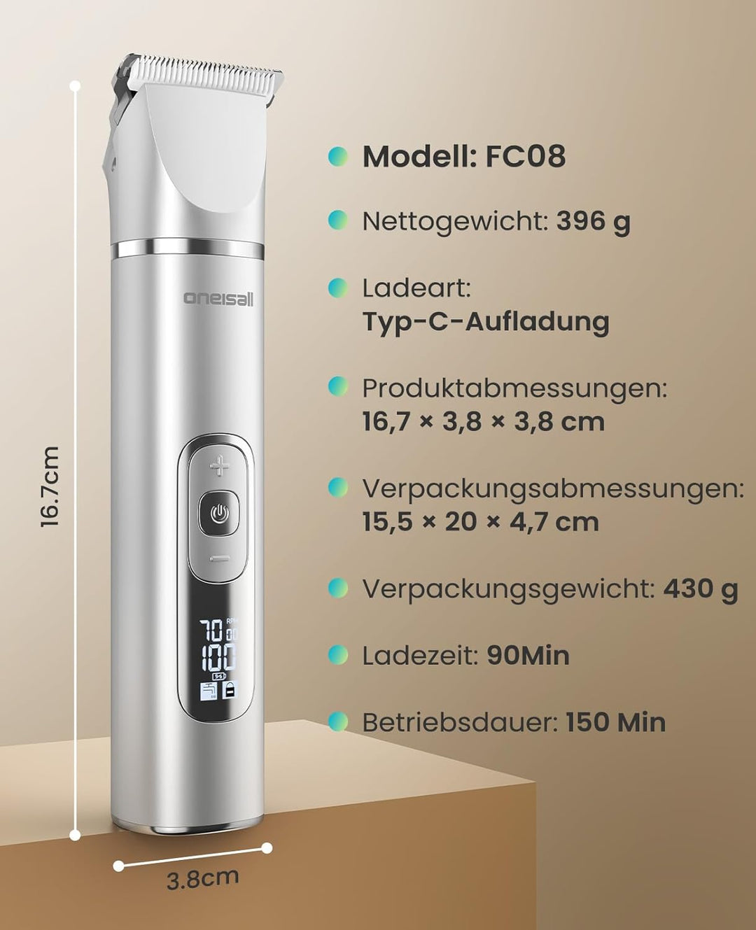 oneisall 4 in 1 Hundeschermaschine Katze, Leise Pfotentrimmer für Hunde, LCD-Anzeige Schermaschine K