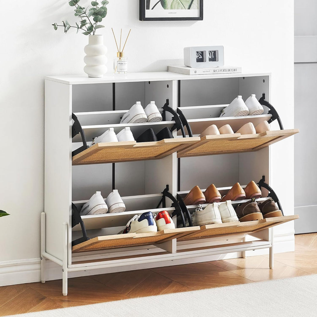 Schuhschrank Breit 100 × 24 × 88 Hoch cm, 4 Klappen, Schmaler Freistehender Schuhkipper Aus Rattan,