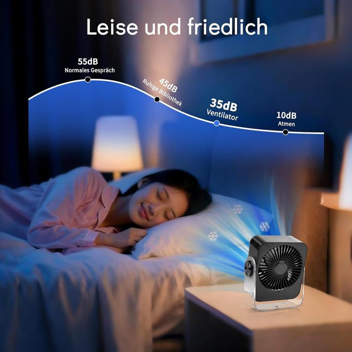 Leiser Tischventilator - 5 Geschwindigkeiten & Manuelles Oszillieren, USB-C, Tragbarer Büro Ventilat
