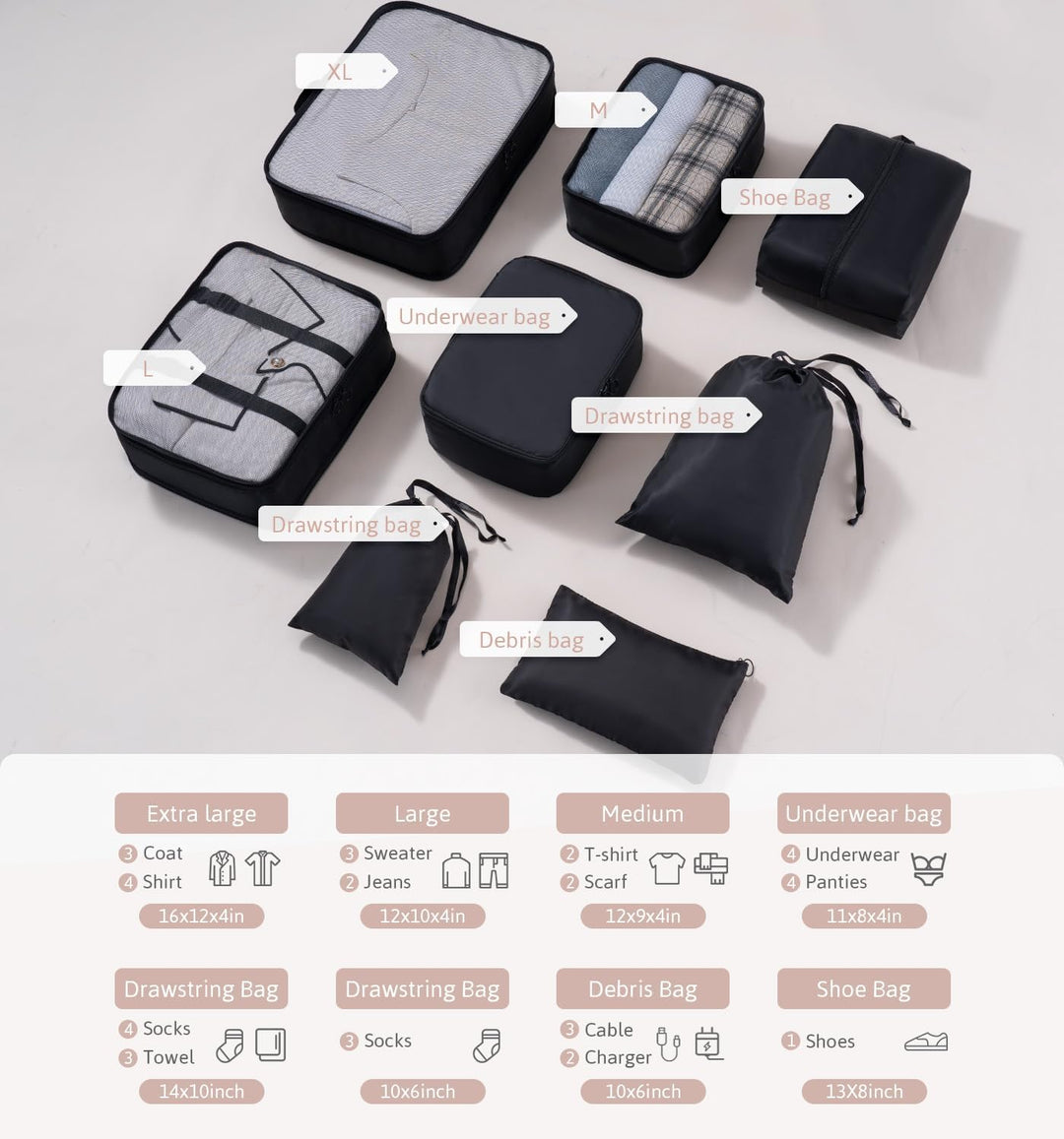 Meowoo 8-teilig Koffer Organizer Set, Packing Cubes, Packwürfel für Urlaub & Business, Reise Organiz