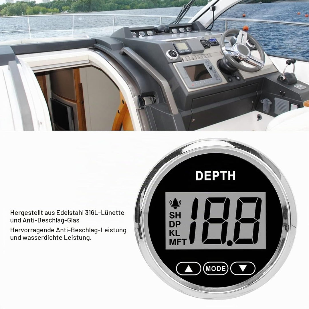 Digitaler Bootstiefenmesser, 52 Mm/2 Zoll Marine-Tiefenmesser, Wasserdichter Armaturenbrett-Tiefenme