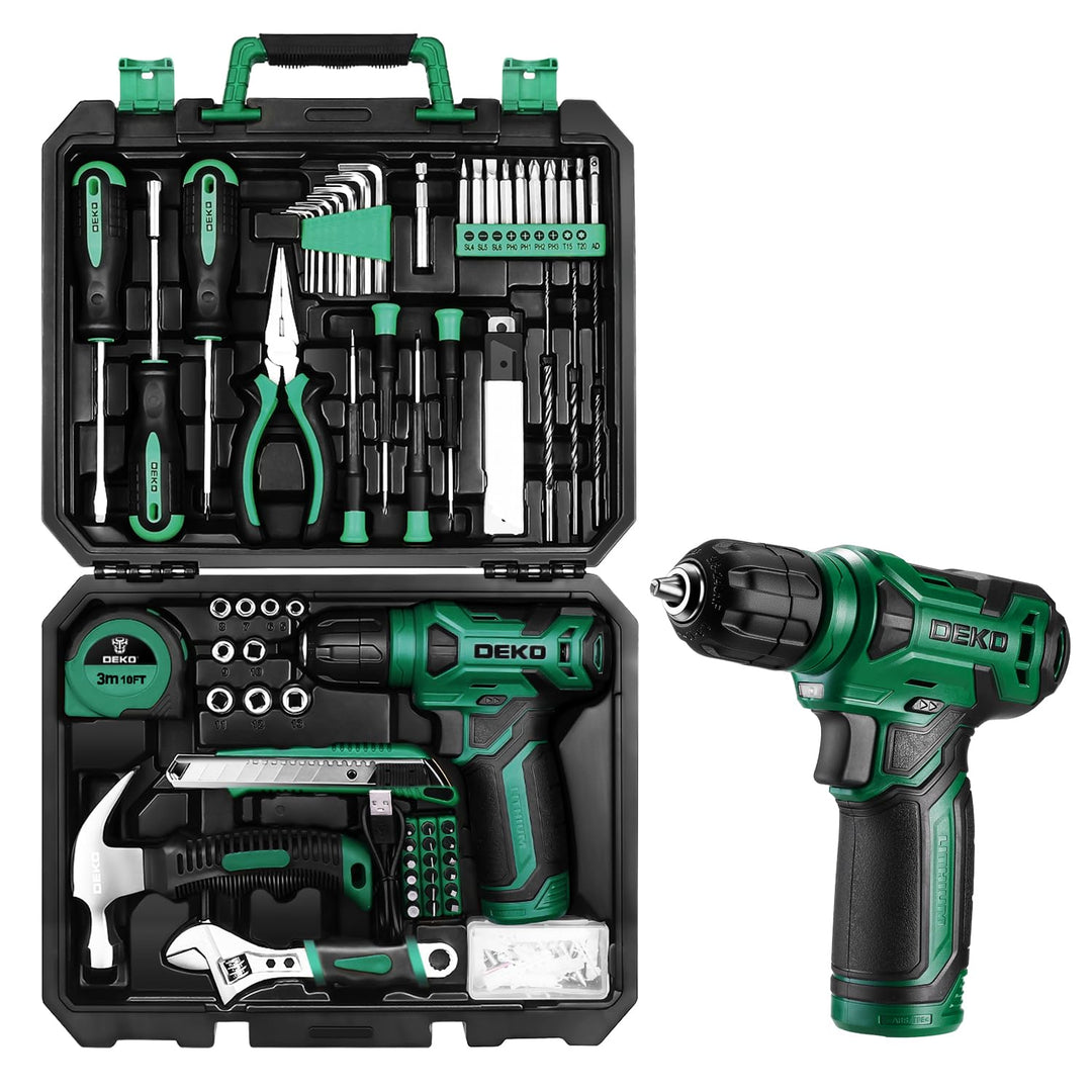 DEKO 126 Stück Elektrowerkzeug Combo Kits mit 8V Akku Bohrer, 10MM 3/8'' Keyless Chuck, Professionel